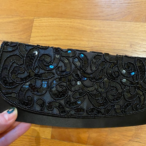 La Regale Beaded Small Crossbody Evening Bag Black Satin Sequin Hard Shell - Picture 2 of 9